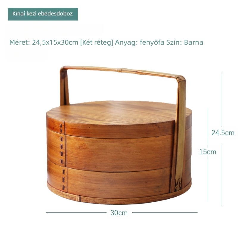 Fa ebédhordó, kerek formájú, retro stílusú, kézi hordozás; egyszínű mintázat