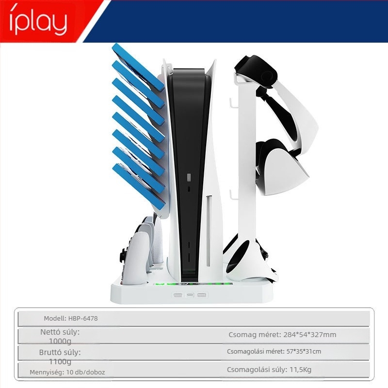 PS5 hűtőállvány töltő PSVR2/PS5 kontrollerekhez és szemüveg tárolóval — TYPE-C, ABS anyag, OEM gyártás, tartalmaz alapot és töltőt, kompatibilis PS5-höz és PSVR2-vel