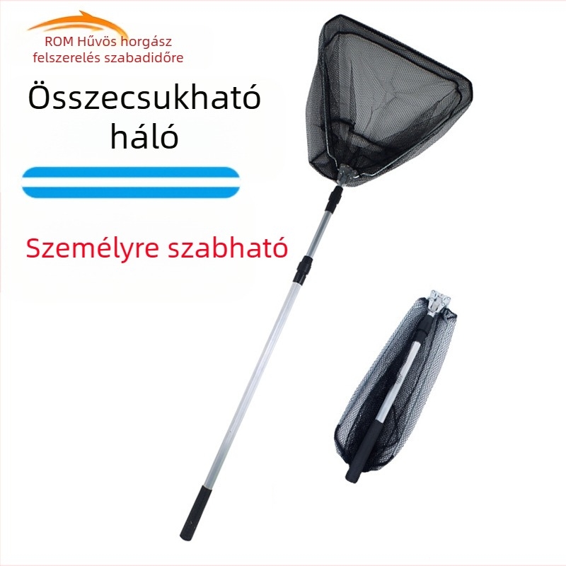 Alumínium ötvözetből készült háromszög alakú integrált horgász háló, összecsukható teleszkópos kézi háló finom szemmel, szájnyílás átmérője 40 cm, mélység 30 cm, összecsukható