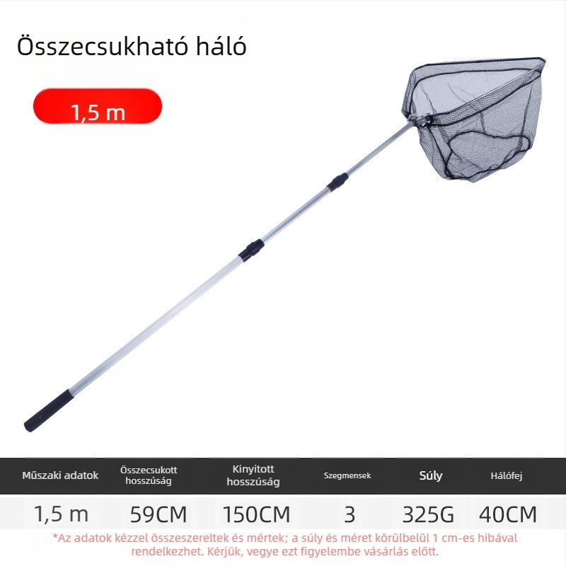 Alumínium ötvözetből készült háromszög alakú integrált horgász háló, összecsukható teleszkópos kézi háló finom szemmel, szájnyílás átmérője 40 cm, mélység 30 cm, összecsukható