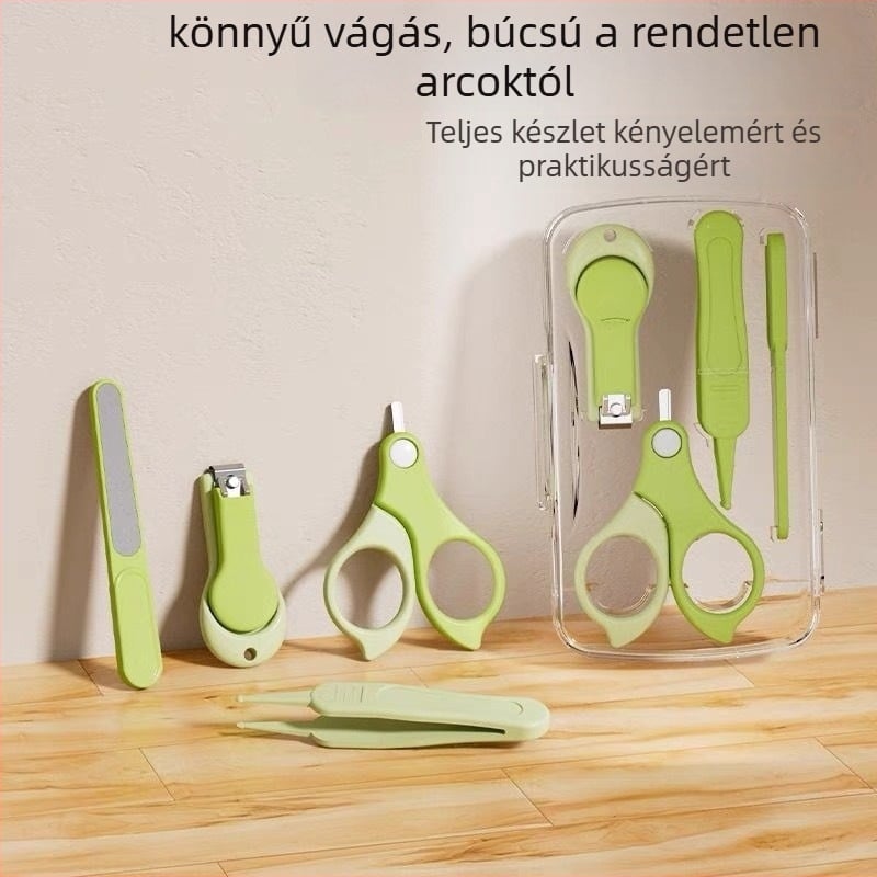 Baba körömvágó készlet anti-nyomásos dizájnnal újszülöttek számára – műanyag + rozsdamentes acél, biztonságos ápolási készlet