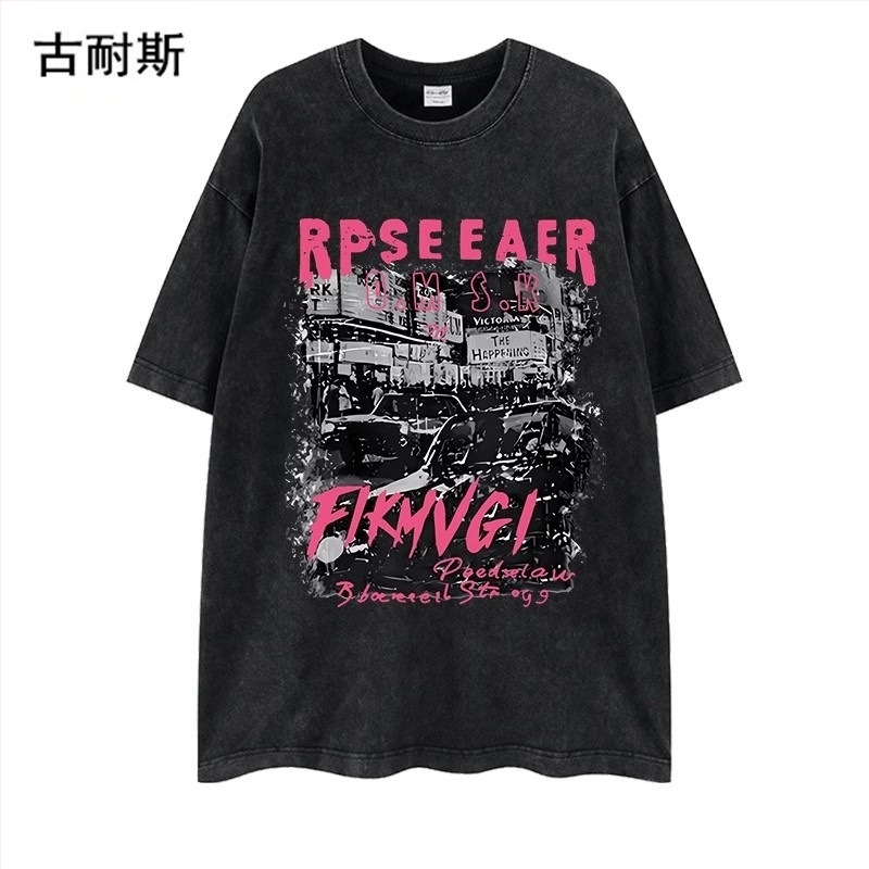 Pamut T-shirt laza szabásban, fél ujjú, karakter mintával, kerek nyakú, utcai hip-hop stílus