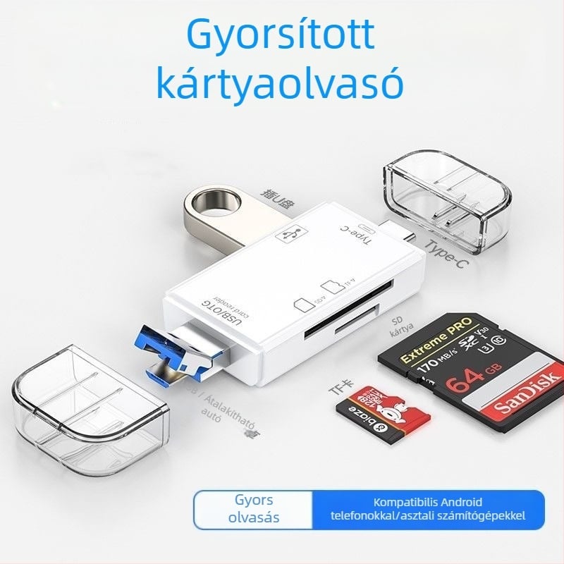 6 az 1-ben USB kártyaolvasó – nagy sebességű USB, SD/TF kártya-támogatás, USB-C/Android kompatibilis, PC-hez