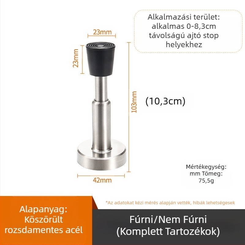 Rozsdamentes acélból készült falra szerelhető ajtóstop, ütközésgátló, vastagított gumírozott csúccsal, modell 008, polírozott felület