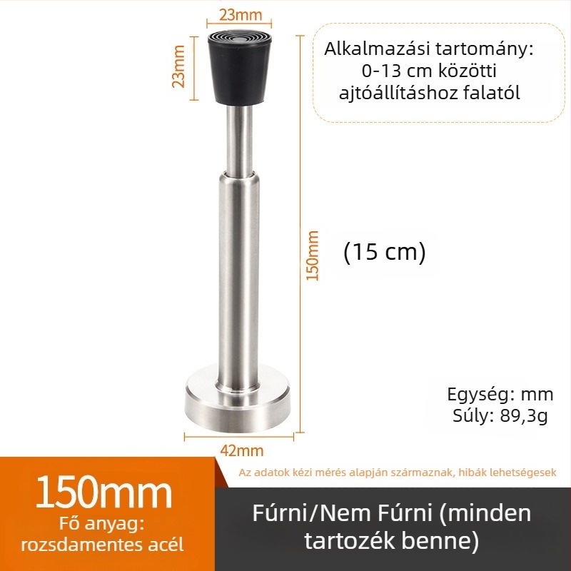 Rozsdamentes acélból készült falra szerelhető ajtóstop, ütközésgátló, vastagított gumírozott csúccsal, modell 008, polírozott felület