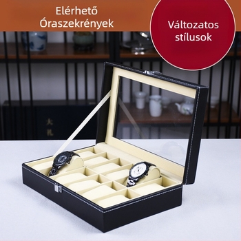 HH-S001 óratartó doboz PU bőrrel, 12 rekesz, átlátszó kijelző, ajándék- és ékszercsomagoláshoz