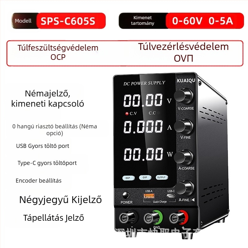 KUAIQU Állítható DC tápegység, 30–60V, OCP és OVP védelem, kapcsoló üzemmódú tápegység