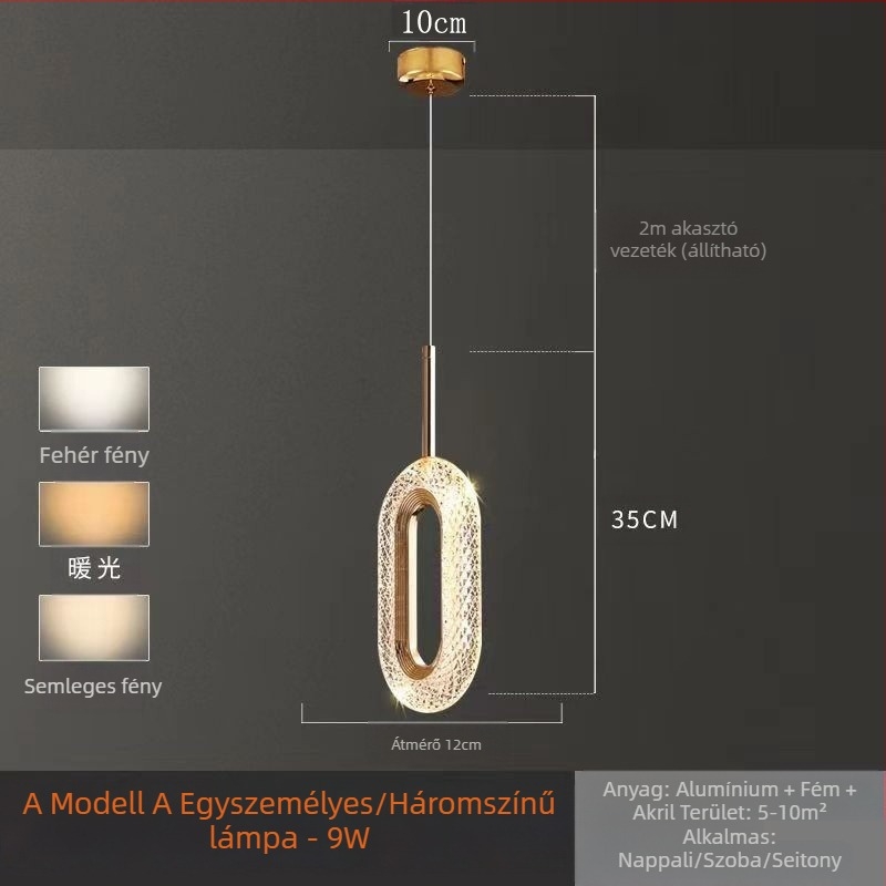 LED függőlámpa hálószobába, alumínium test, akril árnyékoló, állítható magasság, egyfejű lámpa, modern minimalista stílus