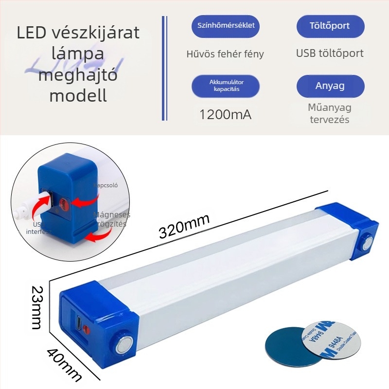 LED újratölthető lámpa mágneses függesztéssel, USB vészvilágítás, 5V bemenet, beépített lítium-ion akkumulátor, fényerő-szabályozható