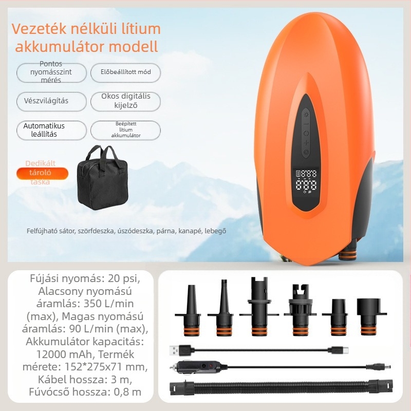 Hordozható elektromos levegőpumpa felfújható eszközökhöz (SUP, kajak, felfújható matrac) – DC12V, 120W, 70 L/min, egyhengeres, 5–20 perc üzemidő