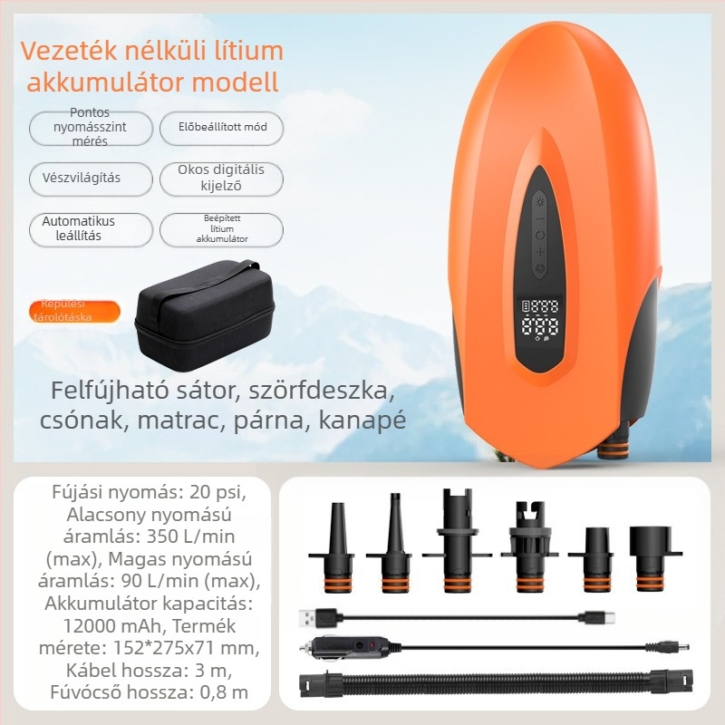 Hordozható elektromos levegőpumpa felfújható eszközökhöz (SUP, kajak, felfújható matrac) – DC12V, 120W, 70 L/min, egyhengeres, 5–20 perc üzemidő