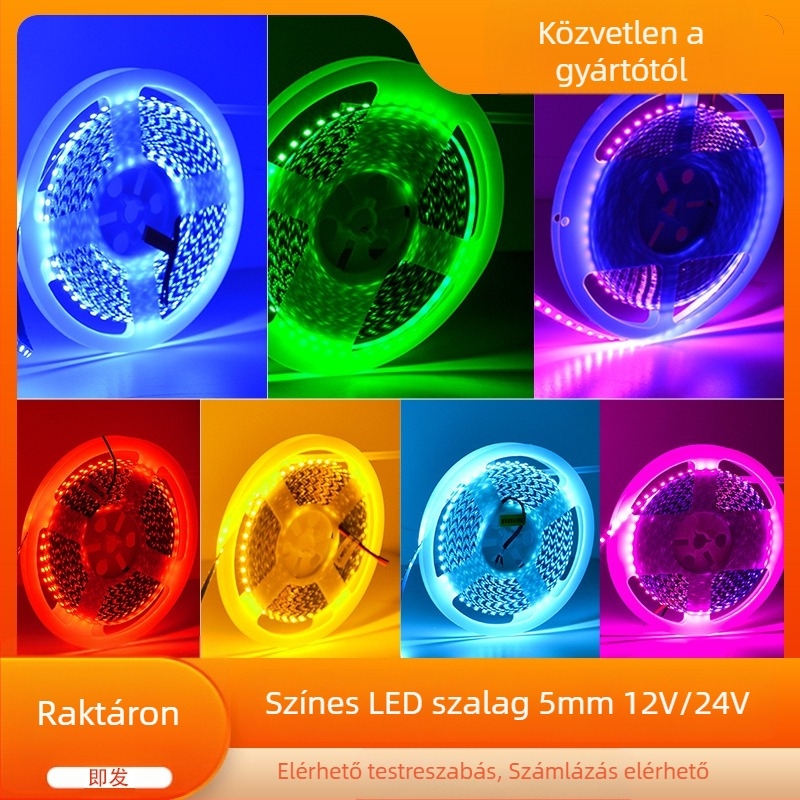 RGB LED szalag 120 LED-del (2835), 12V, 5mm, öntapadó, nagy fényerő, atmoszférikus világítás KTV bárhoz