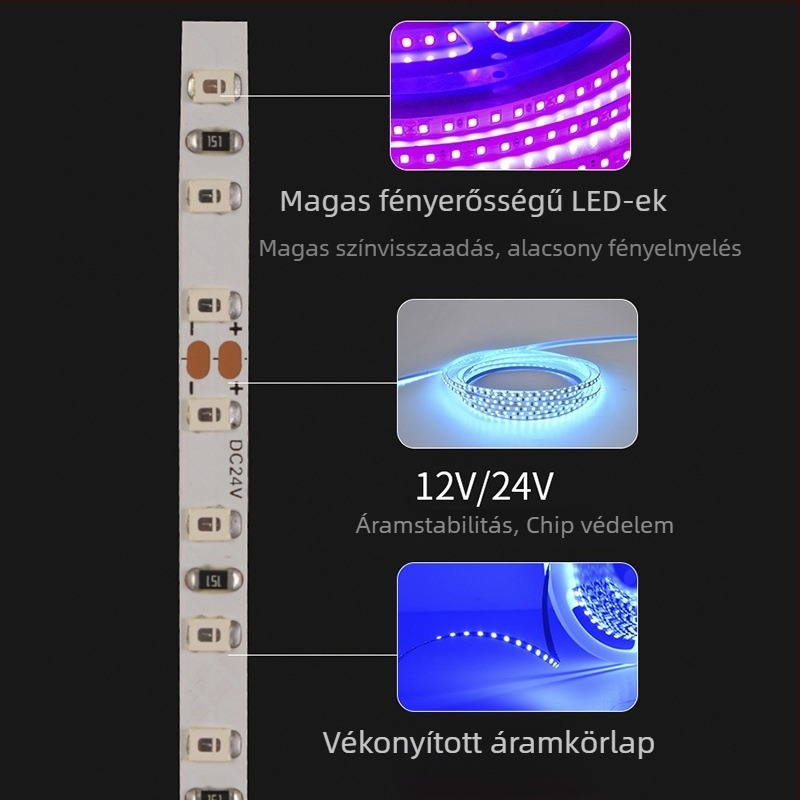 RGB LED szalag 120 LED-del (2835), 12V, 5mm, öntapadó, nagy fényerő, atmoszférikus világítás KTV bárhoz