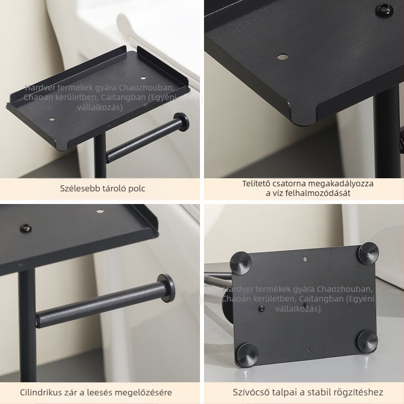 Függőleges álló toalettpapír-tartó mobillal; szénacél anyagból; alkalmas tekercses papírhoz; multifunkcionális otthoni fürdőszobai szervező