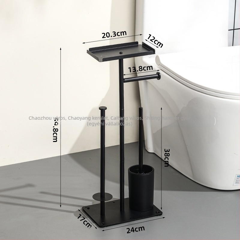 Függőleges álló toalettpapír-tartó mobillal; szénacél anyagból; alkalmas tekercses papírhoz; multifunkcionális otthoni fürdőszobai szervező