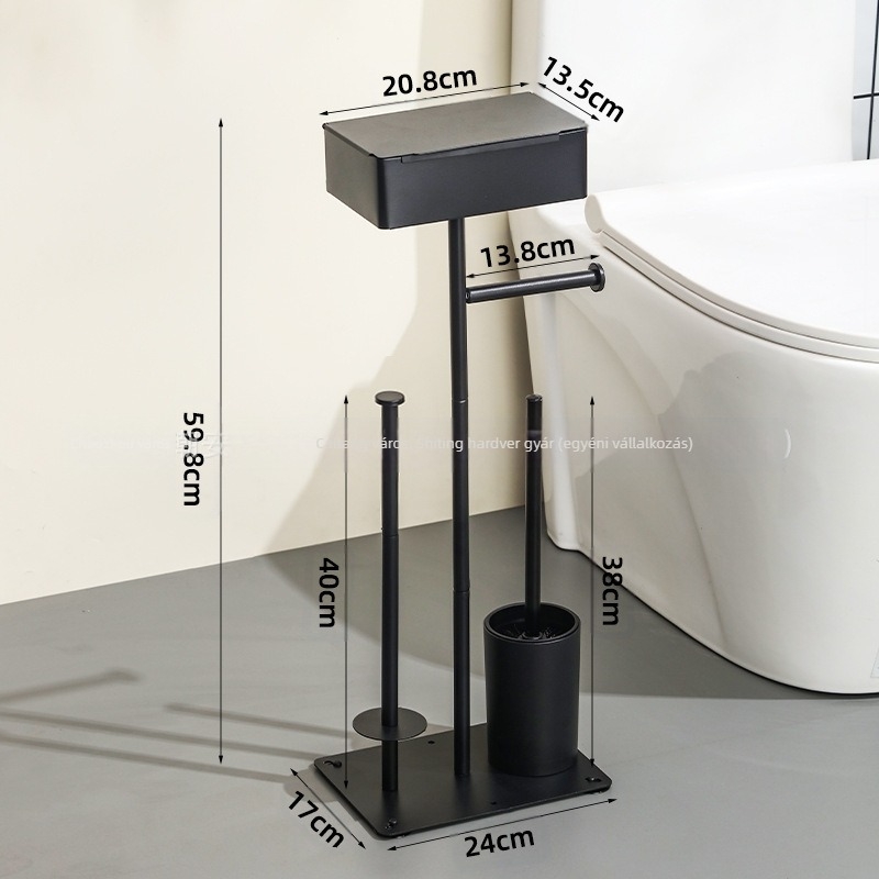 Függőleges álló toalettpapír-tartó mobillal; szénacél anyagból; alkalmas tekercses papírhoz; multifunkcionális otthoni fürdőszobai szervező