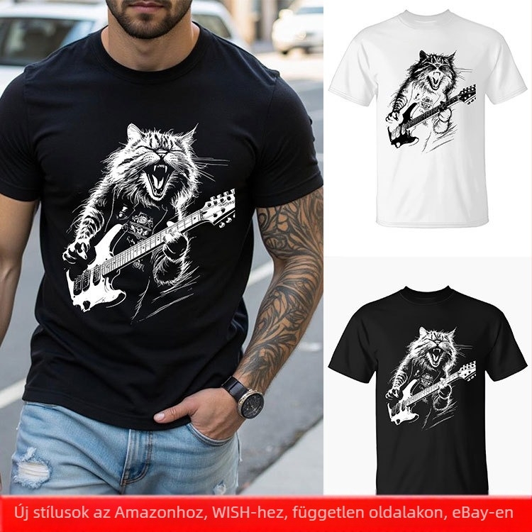 Póló zenés macska gitár mintával, kerek nyakú, rövid ujjú, anyag milk silk és poliészter (96%+), 180 g tömeg, könnyű, mindennapi viselet