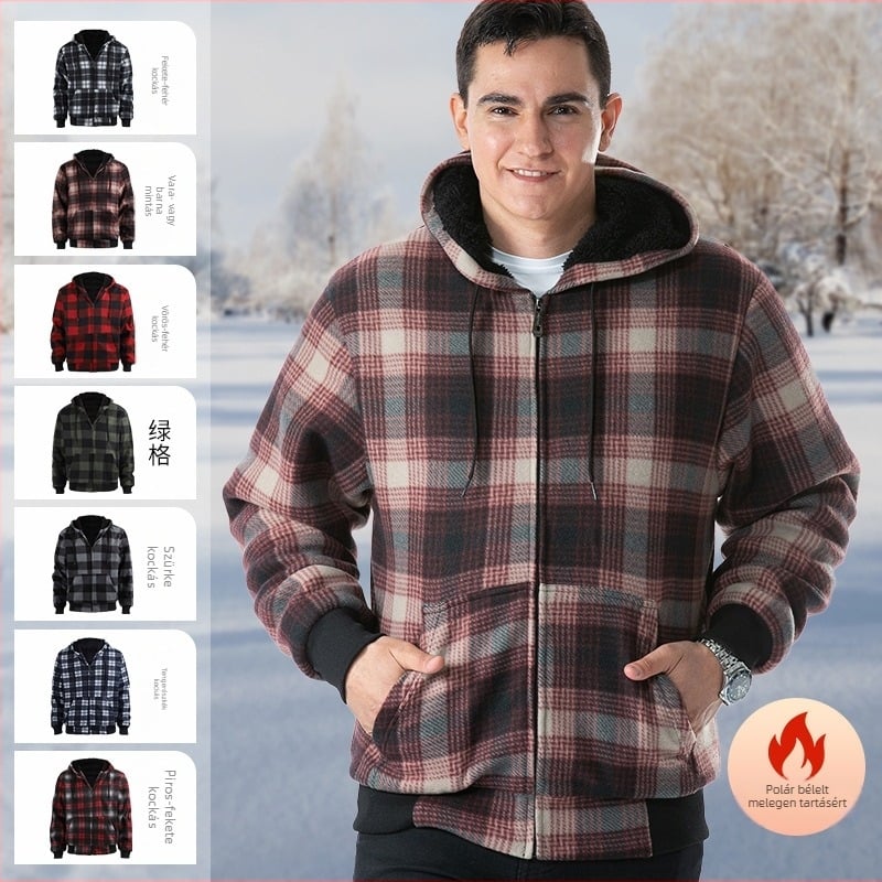 Kapucnis csíkos kockás pulóver, fleece-béléssel, 96% feletti báránygyapjú, őszi szabás