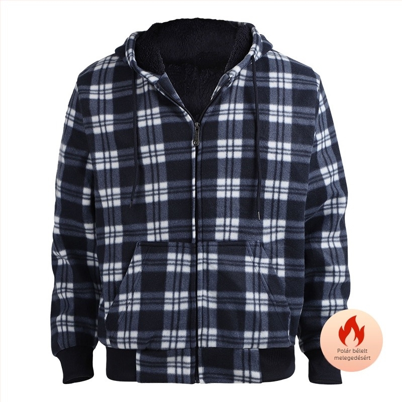 Kapucnis csíkos kockás pulóver, fleece-béléssel, 96% feletti báránygyapjú, őszi szabás