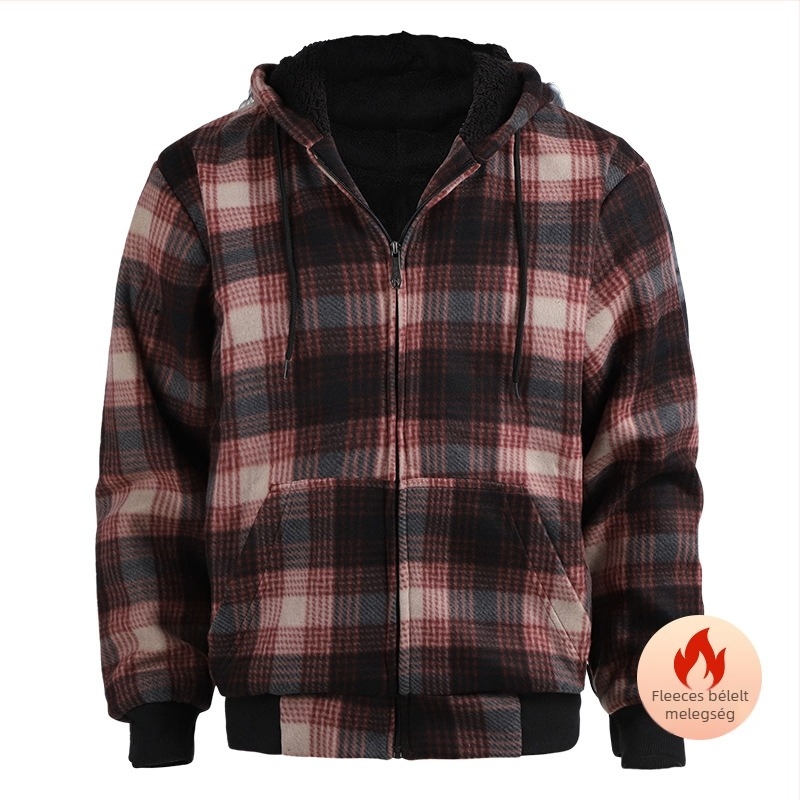 Kapucnis csíkos kockás pulóver, fleece-béléssel, 96% feletti báránygyapjú, őszi szabás