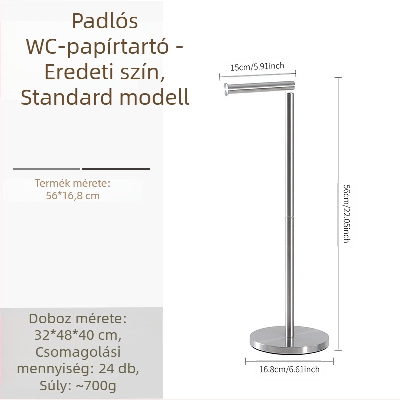 Rozsdamentes acél vécépapír tartó, álló kivitel, kör alakú, modern minimalista stílus, csiszolt felület és porított bevonat