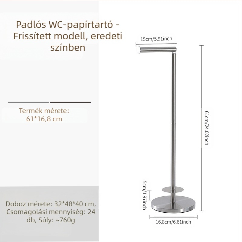 Rozsdamentes acél vécépapír tartó, álló kivitel, kör alakú, modern minimalista stílus, csiszolt felület és porított bevonat