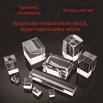 Kristály trófea geometriai elemekkel: kocka és hengeralakú részek, modern egyszerű stílus, logó gravírozva az alapra