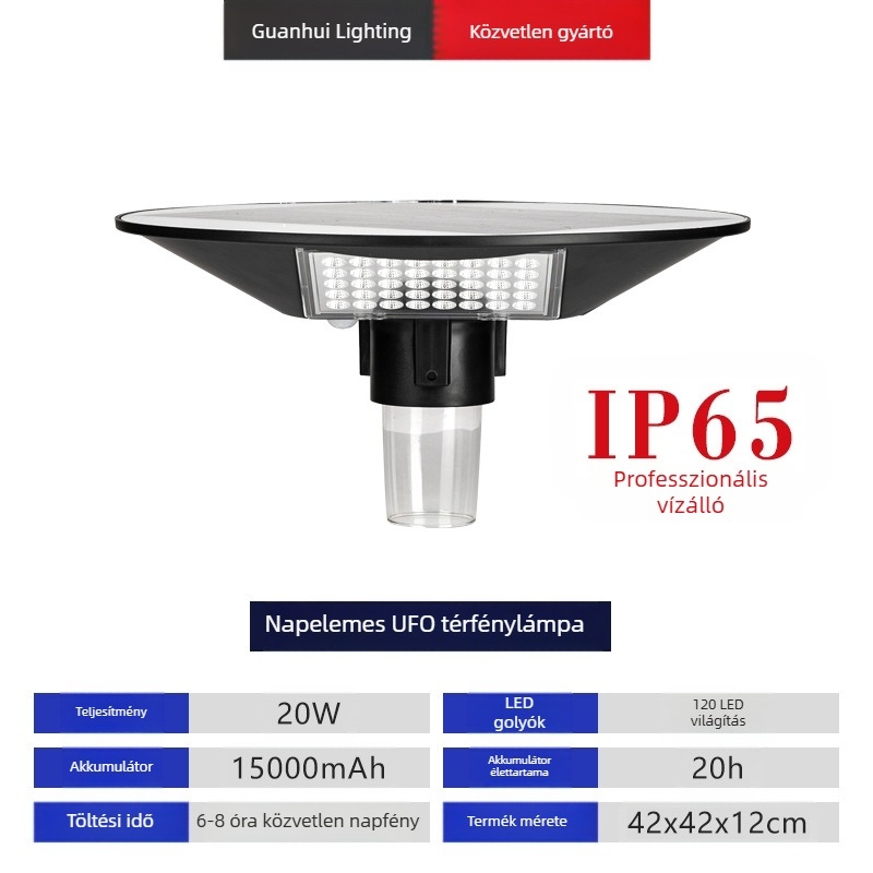 Kerek UFO napelemes kert LED lámpa, vezeték nélküli, 6W, 3.2V, IP65, 6–12 órás folyamatos világítás