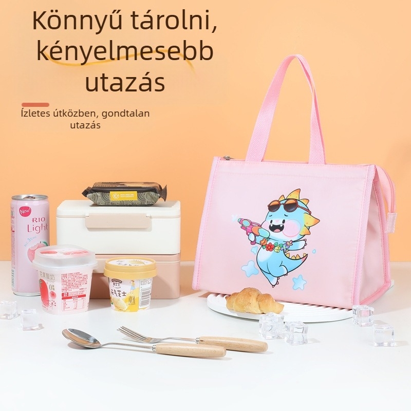 Ebédtáska aranyos karikatúra stílussal, Oxford anyag, melegen és hidegen tartó, univerzális használat