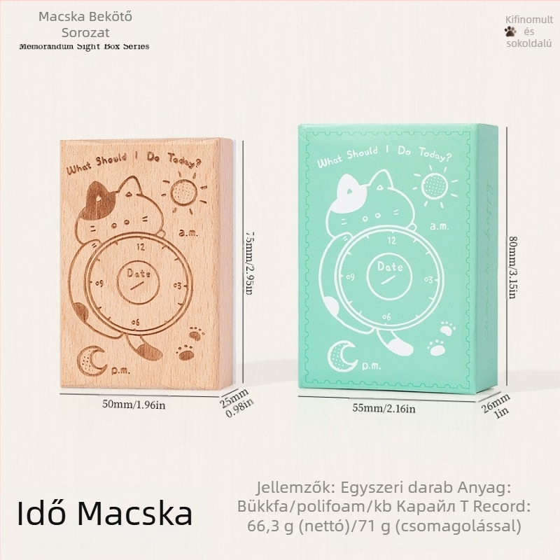 Fából készült tervező pecsét retro cicamotívummal, cartoon stílus, félig kézi és félig mechanikus kivitelezés, Meow Box sorozat, ajándékhoz alkalmas