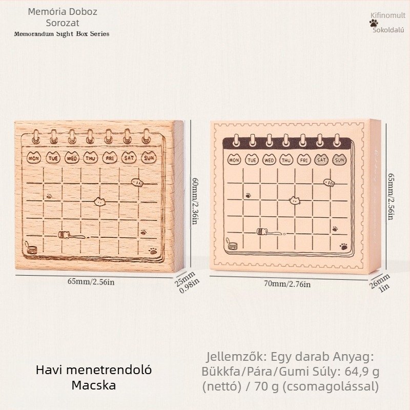 Fából készült tervező pecsét retro cicamotívummal, cartoon stílus, félig kézi és félig mechanikus kivitelezés, Meow Box sorozat, ajándékhoz alkalmas