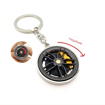 Fém kulcstartó, kerékagy csapágy által inspirált, forgó féktárcsa és féknyereg, modern minimál dizájn