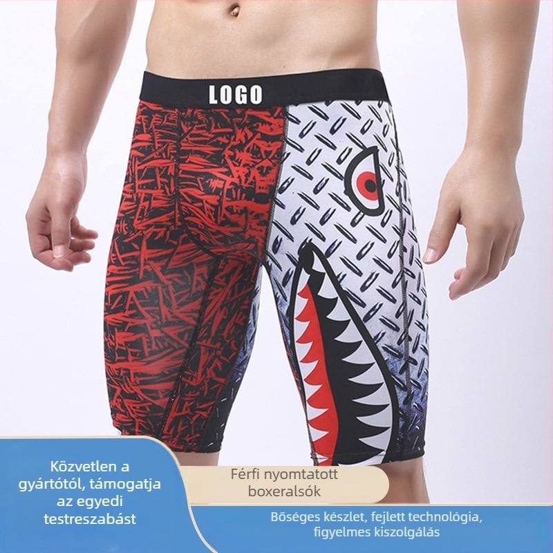 Férfi lélegző sportboxer cápa száj mintával, varrás nélküli, középmagas derekú, poliészter 90-95% és spandex a lágyéki részen