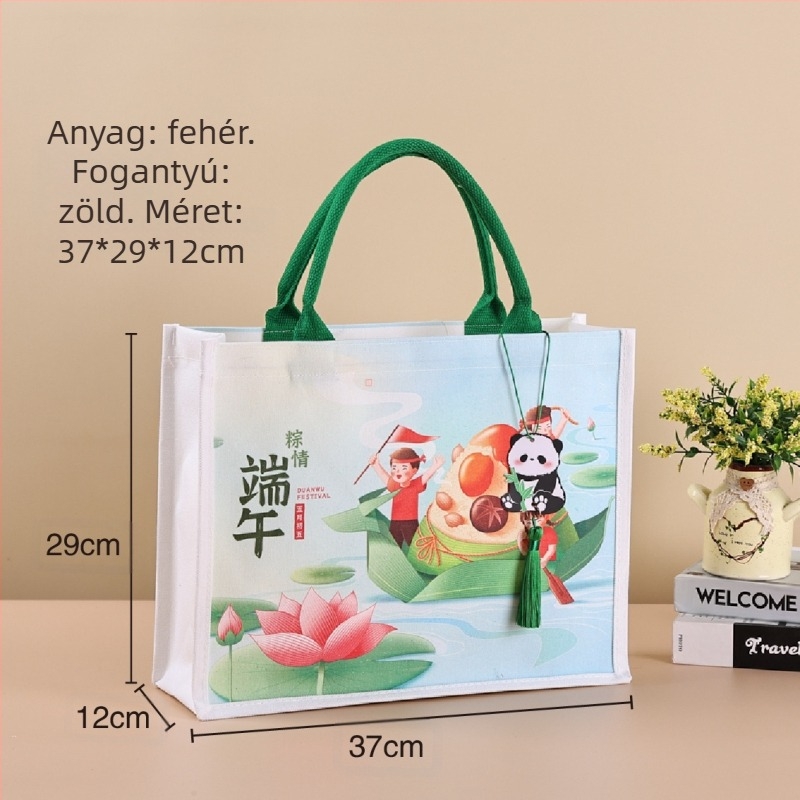 Ajándékcsomagoló táska laminált vászonból; Környezetbarát poliészter-pamut anyag; Logónyomtatás elérhető; Nyomtatási módszerek: szitanyomás, gépi nyomtatás, digitális nyomtatás, hőtranszfer; Nagykereskedelem + testreszabható