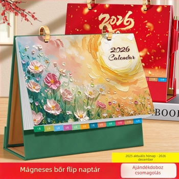Asztali naptár 2026: retro kínai stílus, egyszerű és modern dizájn, PU bőr, logónyomtatás elérhető, univerzális ajándék.