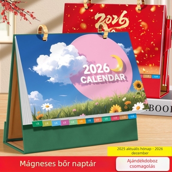 Asztali naptár 2026: retro kínai stílus, egyszerű és modern dizájn, PU bőr, logónyomtatás elérhető, univerzális ajándék.
