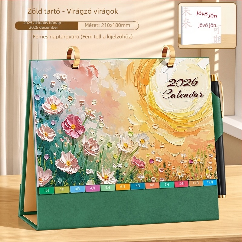 Asztali naptár 2026: retro kínai stílus, egyszerű és modern dizájn, PU bőr, logónyomtatás elérhető, univerzális ajándék.