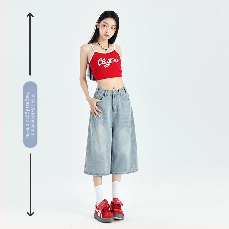Női denim nadrág, magas derekú, crop szabású, széles szárú, nyár 2025