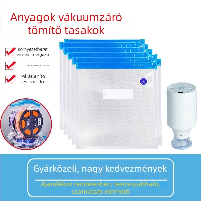 3D nyomtatáshoz filamentum vákuumos tárolózsákok, PA+PE anyag, vákuum tömörítő típus, készlet, 260 db, pumpával