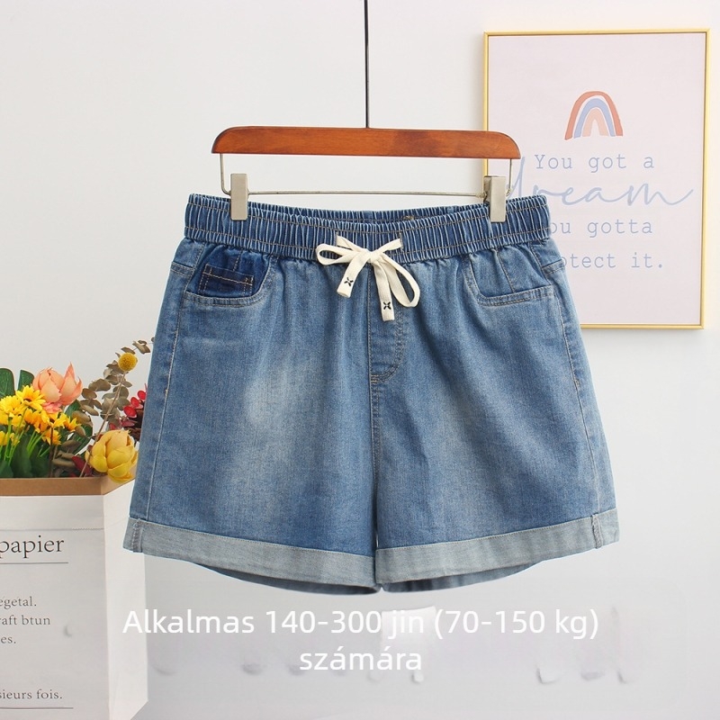 Női farmer rövidnadrág gumis derekú, laza szabású, egyenes szárú, könnyű pamut (70-80%)