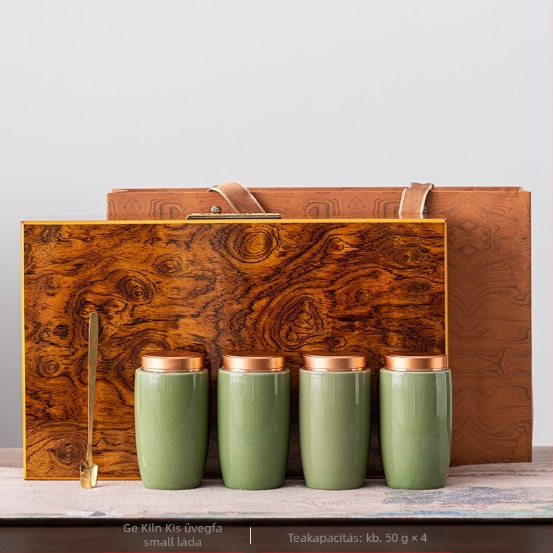 Ge Kiln mintájú kerámia zárható teás doboz, Ice Crack glazúra, modern minimalist stílus, tömeg 2,5