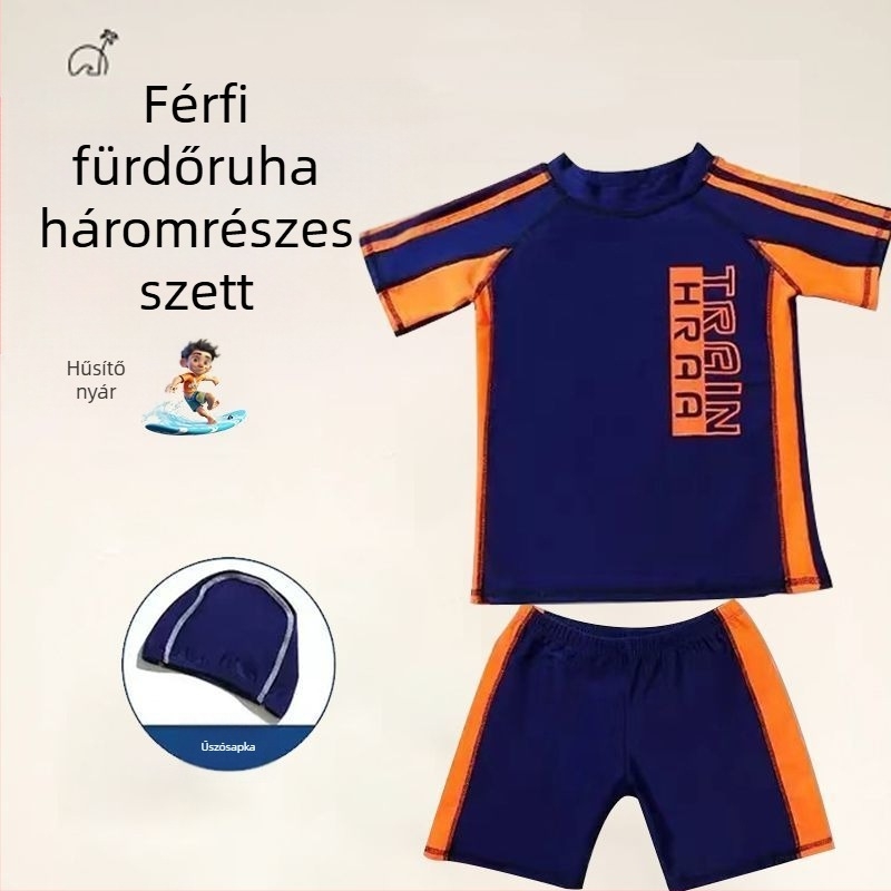 Fiúknak készült gyorsan száradó kétrészes fürdőruha szett, napvédelmi funkcióval