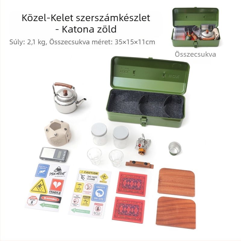Szerszámos készlet – hordozható, nehézfém tároló doboz, kültéri kempingezéshez