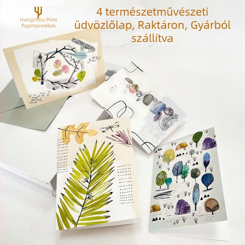 Hajlított üdvözlőlap borítékkal és öntapadós címkével, írható üzenetmező, természetes művészeti stílus