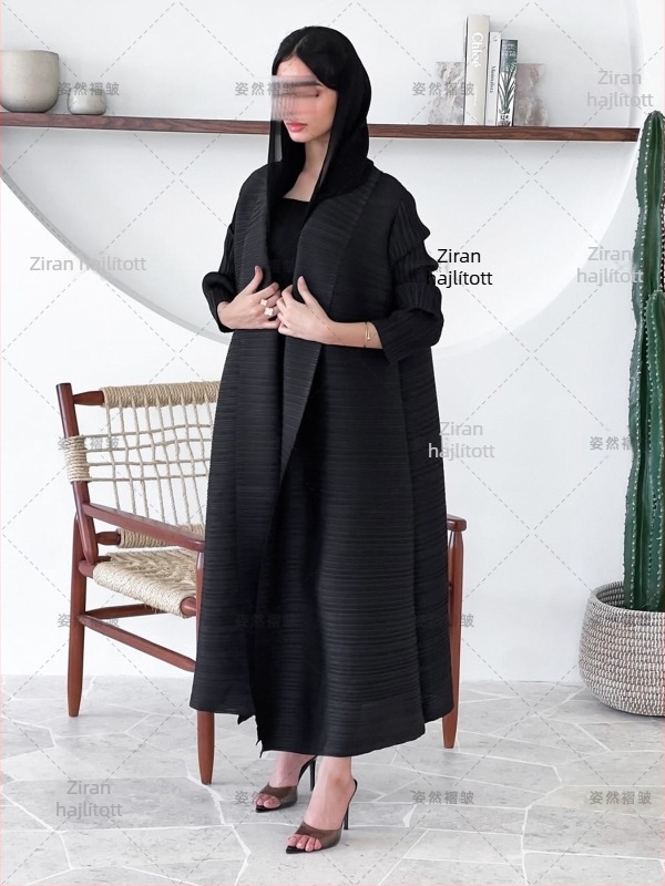 Ráncolt chiffon Abaya köntös, hosszú, 3/4-es ujjú, 95% poliészter