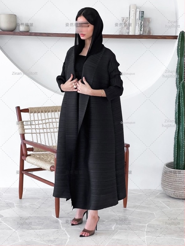 Ráncolt chiffon Abaya köntös, hosszú, 3/4-es ujjú, 95% poliészter