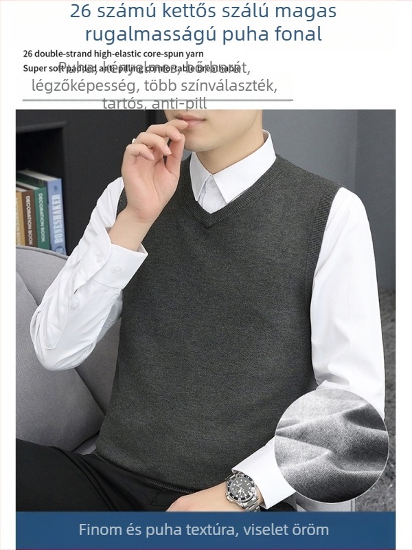 Slim-fit kötött mellény, ujj nélküli, V-nyakú, fleece béléssel, acrilból