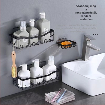 Két szintes vas mosdófalra szerelhető polc, szívóval, fúrás nélkül, összecsukható és állítható