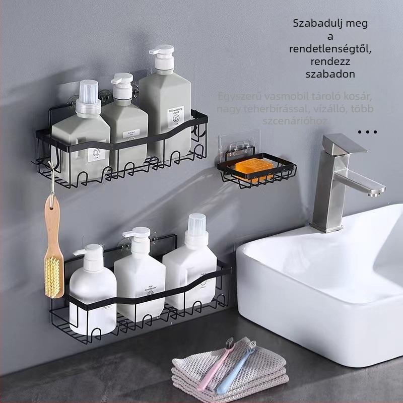 Két szintes vas mosdófalra szerelhető polc, szívóval, fúrás nélkül, összecsukható és állítható