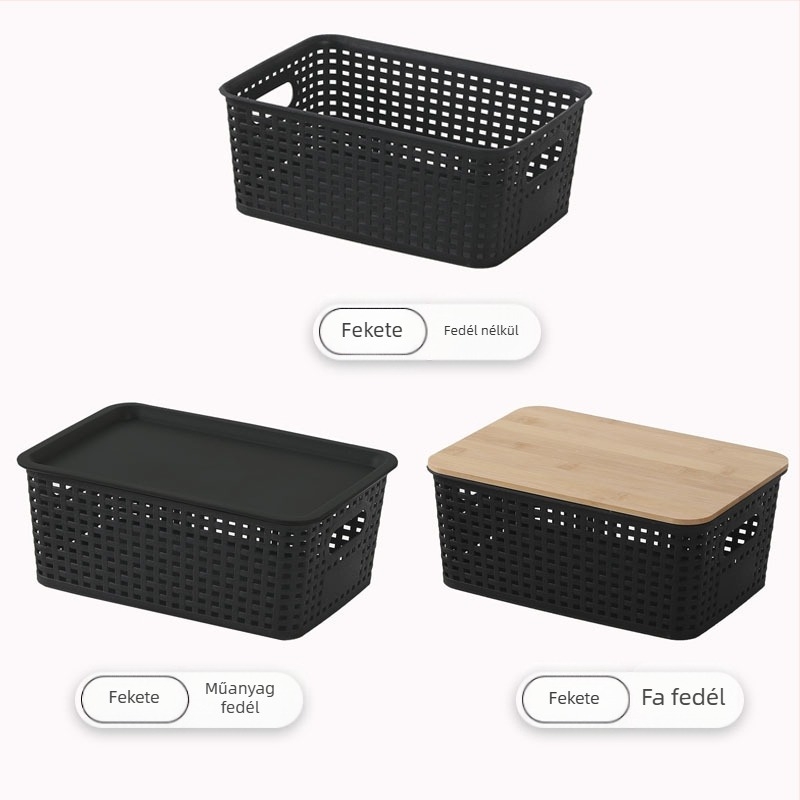 Plaid mintázatú imitációs rattan kosár bambusz fedéllel – minimalist irodai asztali rendező
